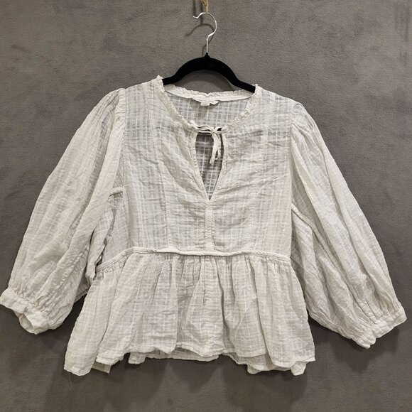 American Eagle‎ Peasant Blouse Women's Size Medium Cotton Neck Tie Puff Sleeves - Picture 1 of 6